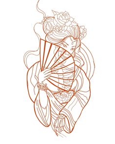 an orange line drawing of a geisha with flowers on her head holding a fan