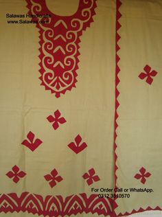 two red and white cloths with designs on them