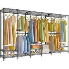 a rack with clothes and shoes hanging on it's sides in front of a white background