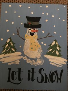 a snowman painted on the side of a blue sign that says let it snow