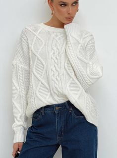 Sweater Relaxed fit 52% acrylic 28% nylon 20% polyester Cable knit material Drop shoulder Good stretch Unlined White Sweater Outfit Women, Cream Colored Sweater, Friday Outfit, Sweater Outfit, Sweater Cream, Cable Sweater, Sweatshirt Set, Wedding Goals