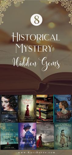 an open book with the title 8 historical mystery hidden gems on it, surrounded by other books