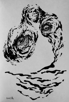 an ink drawing of two eyes in the center of a swirly spiral design on white paper