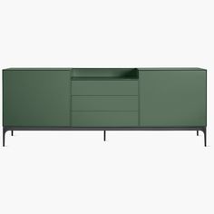 the sideboard with drawers is green and has black metal legs, it's open to