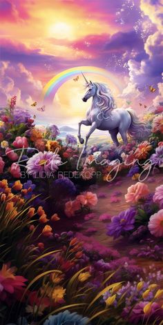 a painting of a unicorn in the middle of flowers with a rainbow in the background