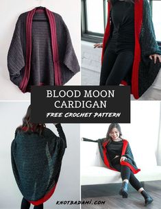 four different images with text that reads blood moon cardigan free crochet pattern