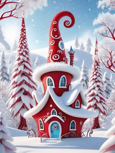 a red and white house in the middle of snow covered trees with a santa clause hat on top