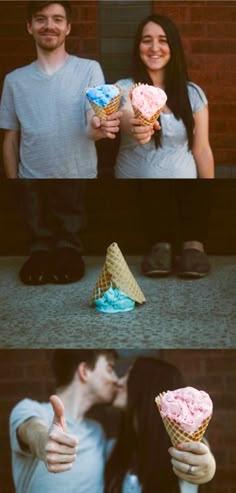 two people kissing and eating ice cream cones with the caption it's a boy its a g share