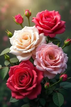 three pink and white roses with green leaves on a black background, in the sunlight