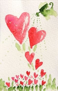 watercolor painting of two hearts in the grass with a green bird flying over them