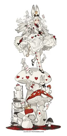 a drawing of a woman standing on top of a pile of cards and playing cards