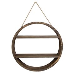 a circular wooden shelf hanging from a rope