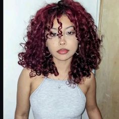 Red Curly Wolfcut, Brown Curly Hair With Colored Highlights, Purple Roots Red Hair, Neon Curly Hair, Dyed Hair Ideas Curly, Long Curly Red Hair Dyed, Cool Dyed Curly Hair, Red Wine Hair Color Curly, Red On Curly Hair