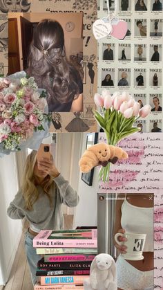 a collage of photos with flowers, books and a teddy bear in the middle