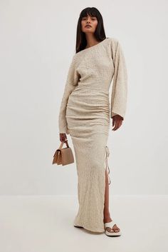 Structured Drawstrings Maxi Dress Beige | NA-KD Oatmeal Dress, Winter Maxi Dress, Mexico Summer, Winter Maxi, Maxi Dress Winter, Drawstring Detail, Low Waist Jeans, Knit Maxi Dress, Grey Maxi Dress