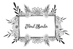 floral border with flowers and leaves in black and white colors on a white background stock illustration