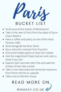 the paris bucket list is shown in blue and white with an arrow pointing to it