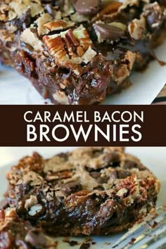 caramel bacon brownies on a plate with a fork