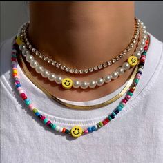 Bohemian Multilayer Smiley Face Color Seed Beaded Necklaces Pearl String Beads Choker Summer Beach Jewelry Pearls + Multi Color Beads *Price Firm / Bundle Discount Thank You Necklaces Beach, Fruit Hearts, Rainbow Choker, Rainbow Pearl, Face Necklace, Beads Chain, Rainbow Beads, Beaded Choker Necklace, Jewelry Choker