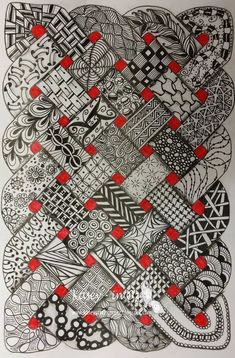 an intricate drawing with red and black dots on white paper, in the shape of a square