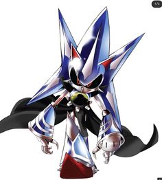 an anime character with blue and red hair, wearing black and white clothes while standing in front of a white background