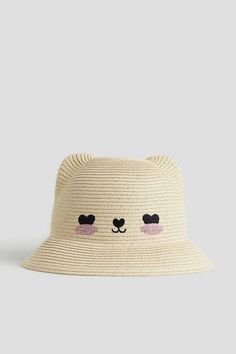 Hat in braided paper straw with ears at top and embroidery at front. Sloped brim and a grosgrain sweatband. Width of brim 2 1/4 in. Hat With Ears, Paper Straws, Straw Hat, Girls Accessories, Accessories Hats, Straw, H&m, Embroidery, Hats