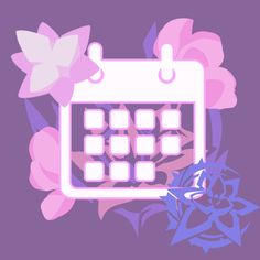 a purple and white calendar with pink flowers on the side, in front of a purple background