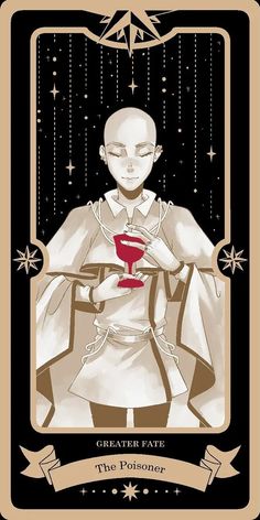 a tarot card with an image of a man holding a red object in his hands