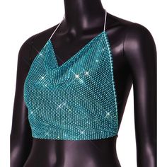 Blue rhinestone see through backless top. Sequined Crop Top For Club, Summer Party Mesh Top With Built-in Bra, Evening Backless Top With Built-in Bra, Glamorous Halter Neck Tops For Night Out, Summer Tops With Sheer Back For Night Out, Sheer Back Tops For Night Out In Summer, Sheer Back Top For Night Out In Summer, Backless Tops For Summer Party, Backless Summer Party Tops