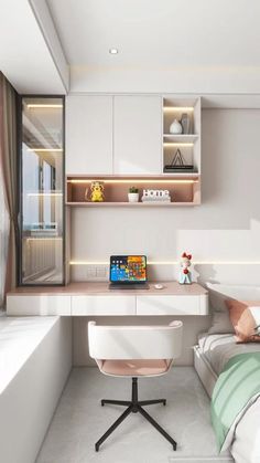 a bedroom with a bed, desk and shelves