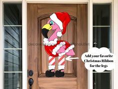 Pre-Order: Christmas Sign Flamingo Santa Ribbon Legs Wood Sign Cr-W-095-Dh 22 Door Hanger Christmas Flamingo Door Hanger, Flamingo Sign, Christmas Flamingo, Witch Signs, Ginger Boy, Door Decorating, Traditional Christmas Decorations, Tropical Holiday, Flamingo Christmas