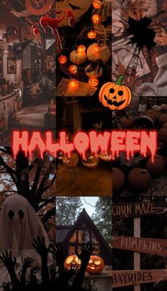 halloween collage with pumpkins and jack - o'- lanterns in the background