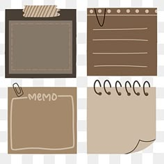 four different types of memos on a white and brown background, including one with a notepad