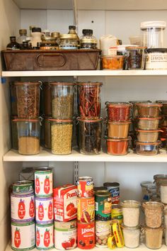 an organized pantry filled with lots of different types of spices and condiments on shelves