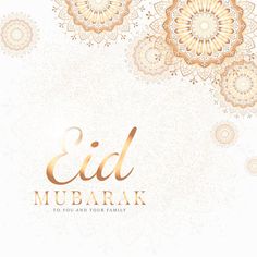 an eid mubarak greeting card with gold and white flowers on a light background