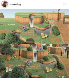 Acnh Pashmina Yard Ideas, Acne Terraforming Ideas, Acnh Before And After, Animal Crossing River, Terraforming Animal Crossing, Terraforming Ideas Animal Crossing, Cottagecore Animal Crossing, Ac Ideas, Pink Island