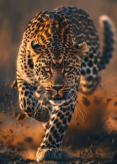 a large leopard is running through the dirt