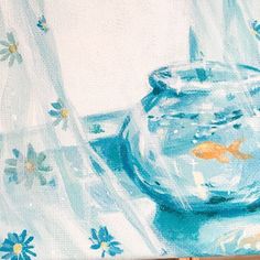 an oil painting of a glass teapot and flowers on a blue tablecloth with white background