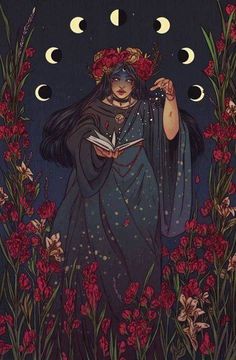 an illustration of a woman holding a book in front of the moon with flowers around her