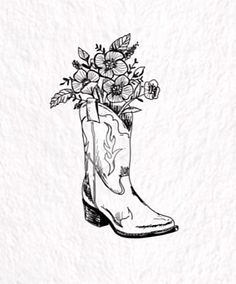 a drawing of a boot with flowers in it