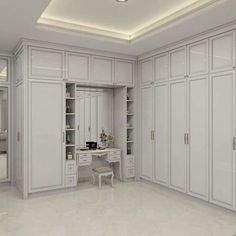 a room with white cabinets and drawers in it