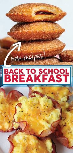 the back to school breakfast recipe is shown with bacon, eggs and cheese on it