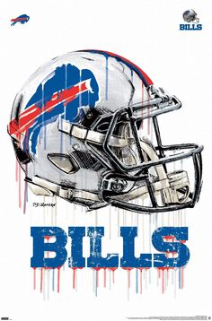 a drawing of a football helmet with the word bills painted in red, white and blue