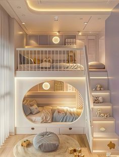 a bedroom with bunk beds and stairs leading to the second floor, in white tones