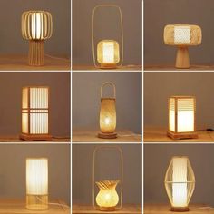 many different types of lamps that are on a wooden table and one is lit up