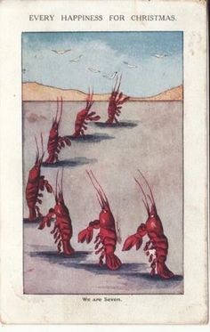 an old christmas card with red lobsters on it