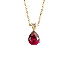 Ori necklace in gold set with Ruby and Diamond. Mesmerizing simplicity that never goes unnoticed. Ruby: ~1. 75 carats (9mm x 7mm pear) Diamond VS+ grade: ~0. 06 carats Pendant dimensions: 12. 8mm height x 7. 7mm width x 4. 9mm depth Length: adjustable 16-18 inches chain Options available to make the necklace in 9K, 14K and 18K gold, and additional sizes, please contact Juvetti. See matching Ori earrings Our precious jewellery is designed to preserve its original brilliance over time. There are a Ruby And Diamond Necklace, August Birthstone Jewelry, July Birthstone Jewelry, Zodiac Jewelry, Jewelry Ring Box, Precious Jewelry, Gold Set, Pearl Jewellery Earrings, August Birth Stone