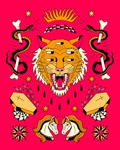 a tiger with its mouth open and two other animals around it on a pink background