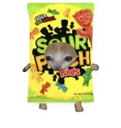 an animal holding up a sign that says sour fish kids