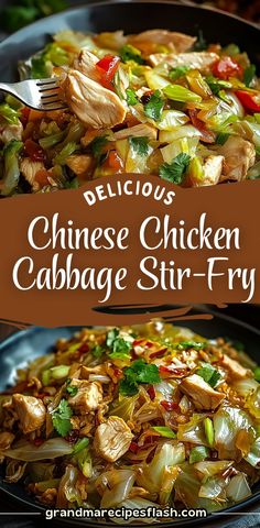 delicious chinese chicken cabbage stir - fry is served in a skillet